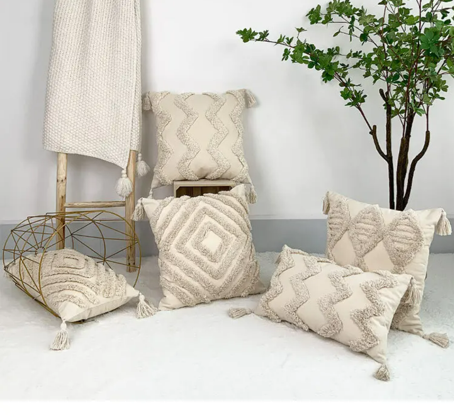 Textured Jacquard Cushion Cover – Neutral Geometric Design