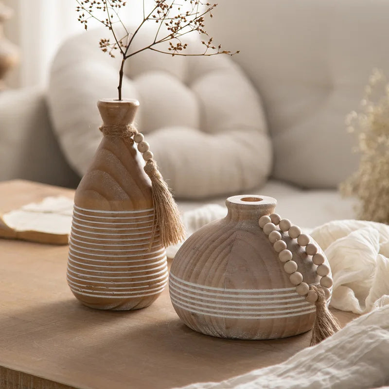 Small Wooden Flower Vases with Wooden Beads – Natural Room Decor