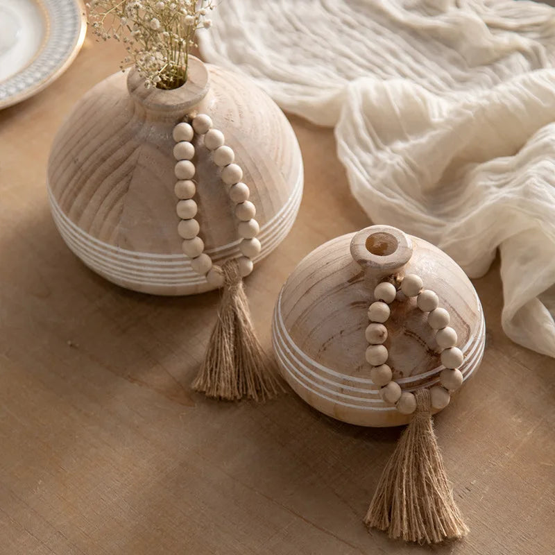 Small Wooden Flower Vases with Wooden Beads – Natural Room Decor