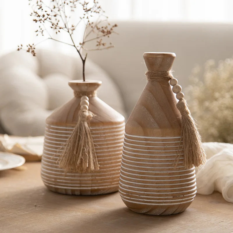 Small Wooden Flower Vases with Wooden Beads – Natural Room Decor