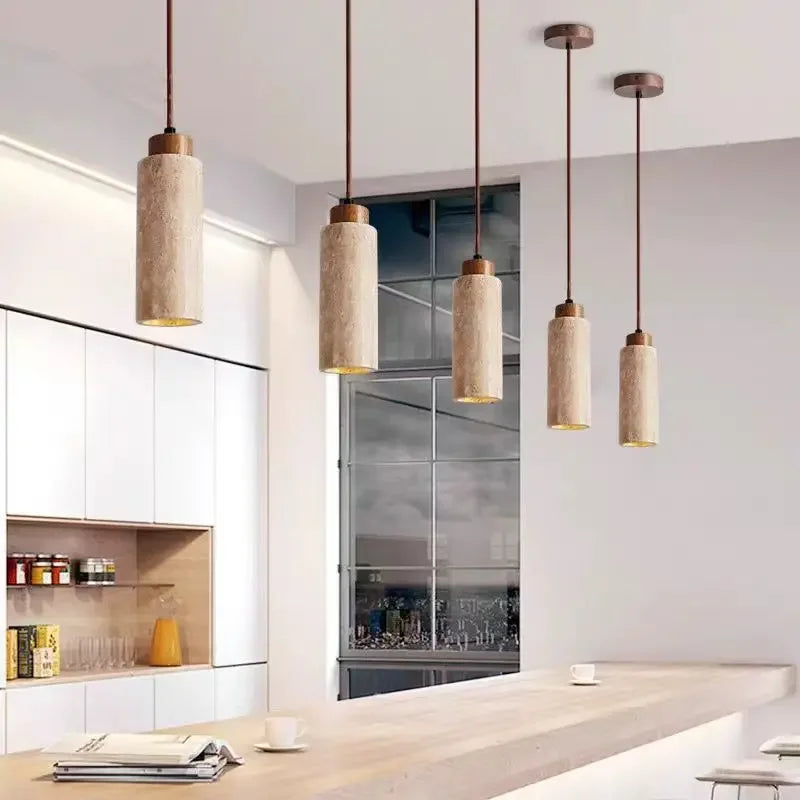 Natural Travertine & Wood Pendant Light