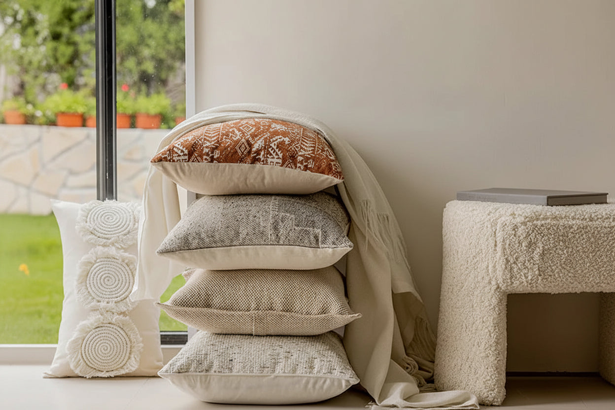 Embroidered Patchwork Cushion Cover – Textured Boho Accent Pillow