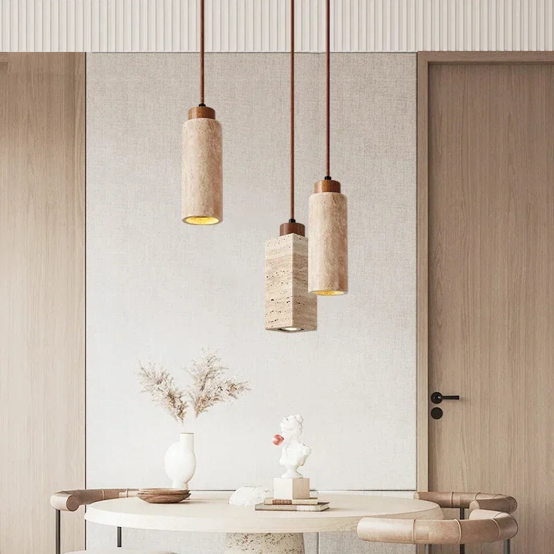 Natural Travertine & Wood Pendant Light