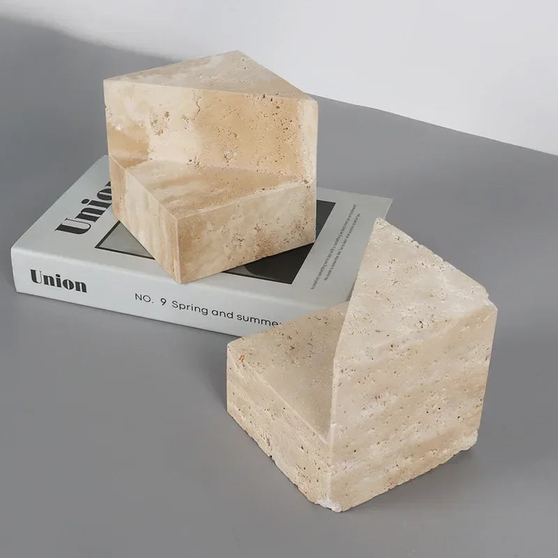 Natural Travertine Geometric Bookends | Sculptural Book Holder