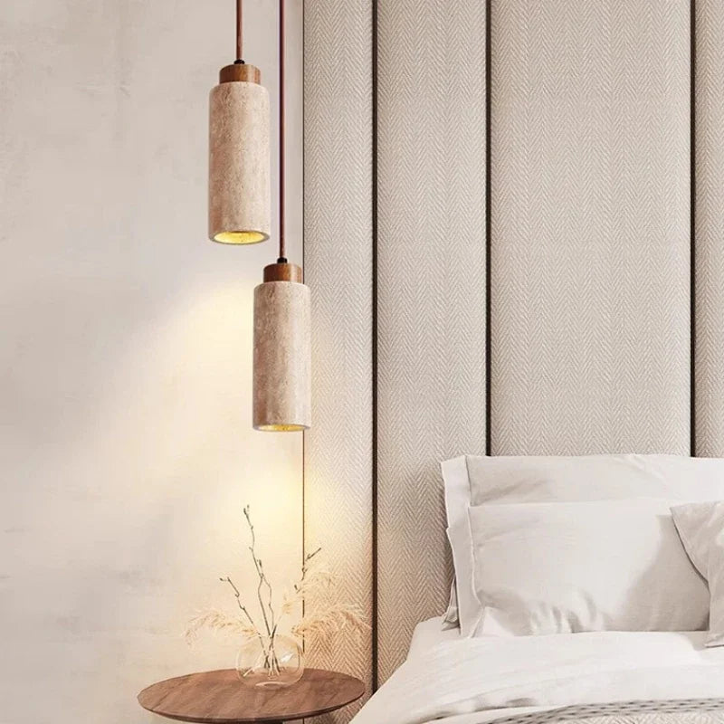 Natural Travertine & Wood Pendant Light