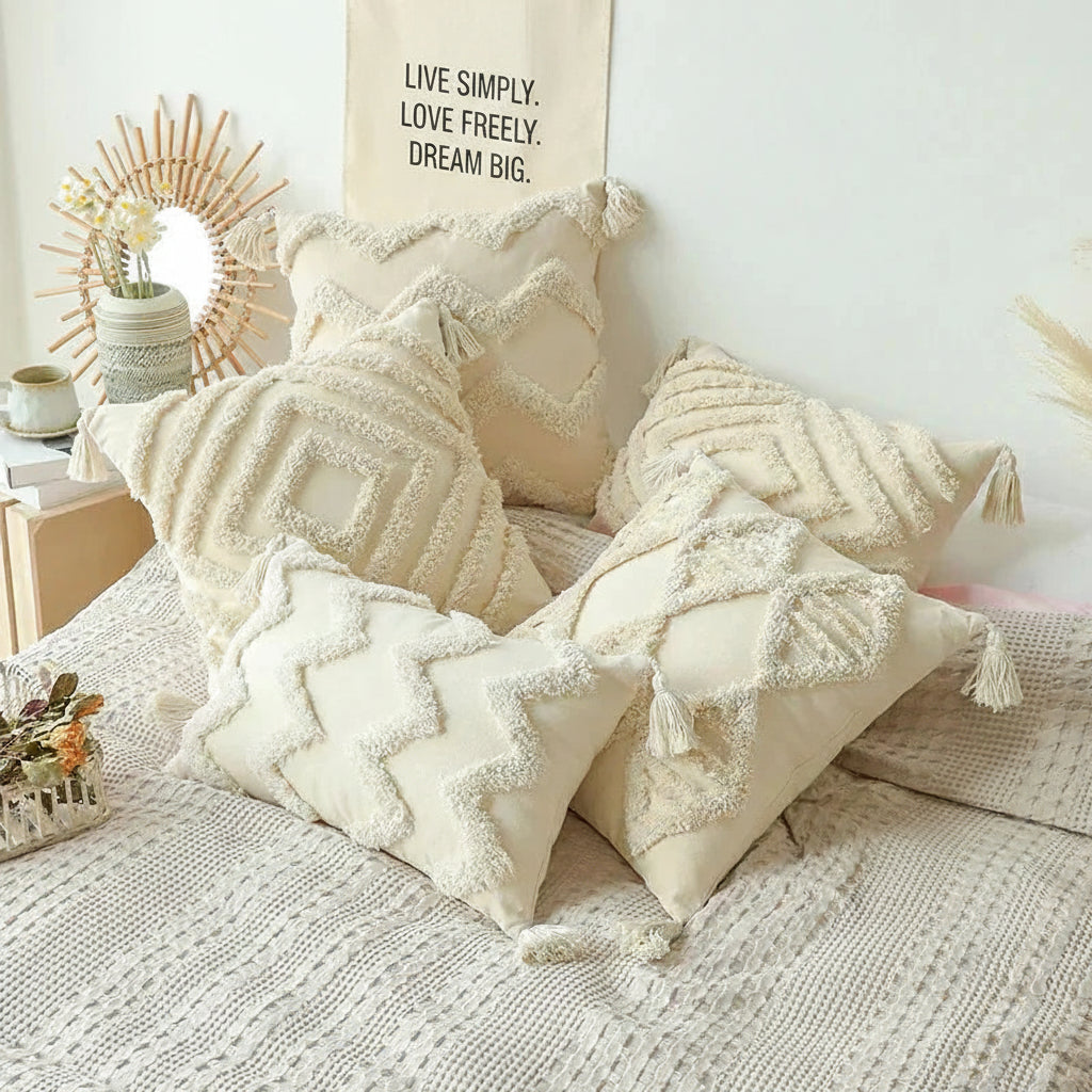 Textured Jacquard Cushion Cover – Neutral Geometric Design