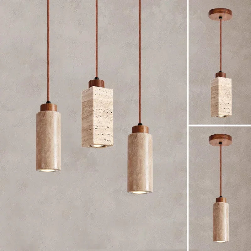 Natural Travertine & Wood Pendant Light