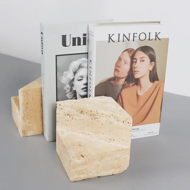 Natural Travertine Geometric Bookends | Sculptural Book Holder
