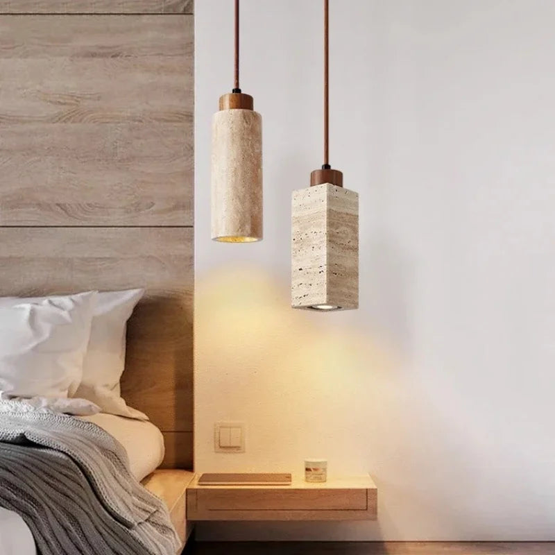Natural Travertine & Wood Pendant Light