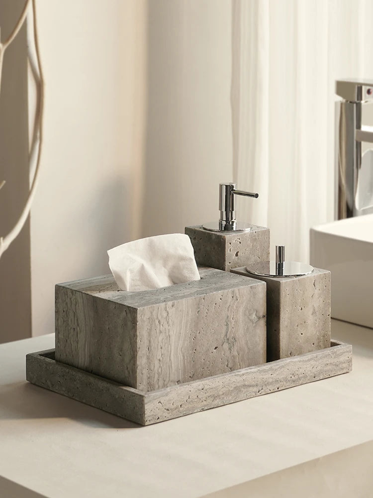 Gray Travertine Soap Dispenser – Modern Bathroom Accessory