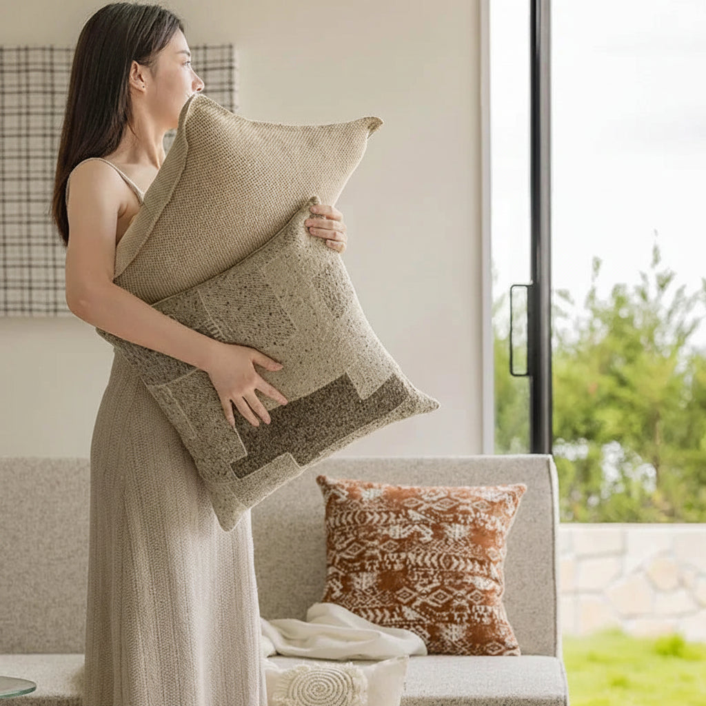 Embroidered Patchwork Cushion Cover – Textured Boho Accent Pillow