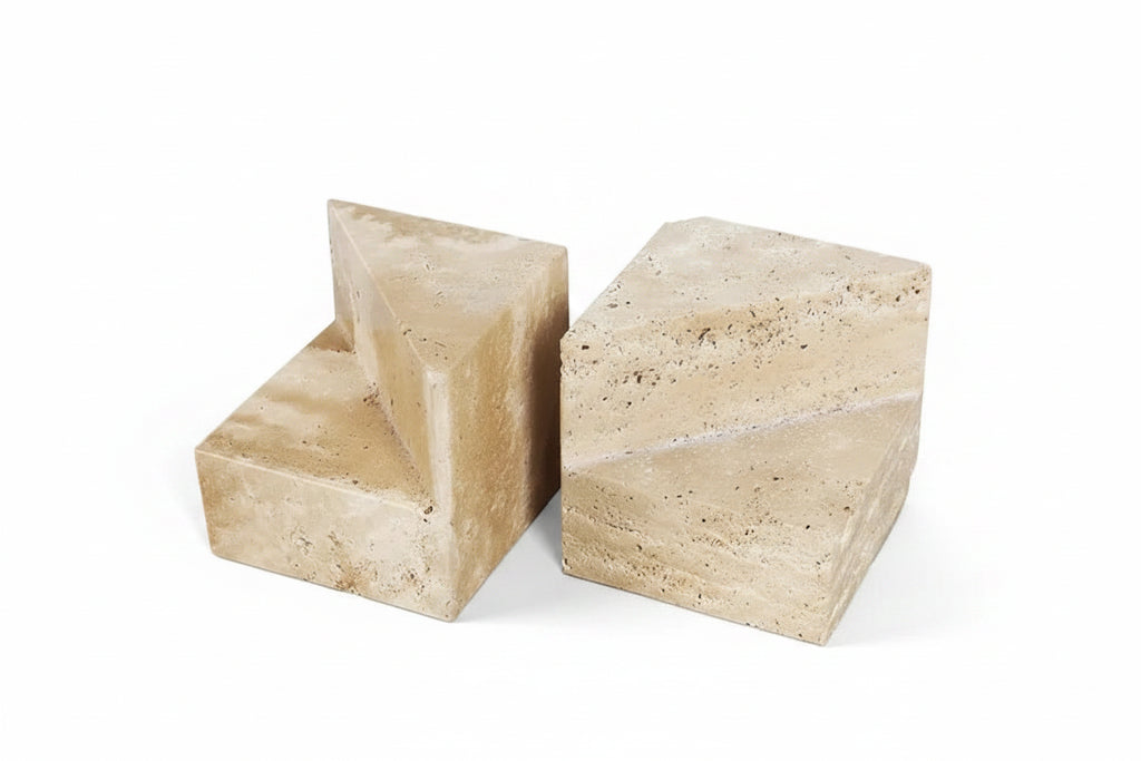 Natural Travertine Geometric Bookends | Sculptural Book Holder