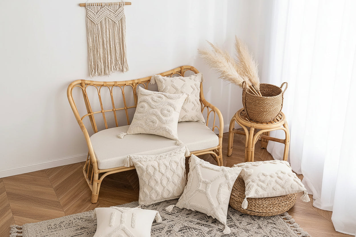 Hand-Tufted Geometric Cushion Cover – Textured Ivory