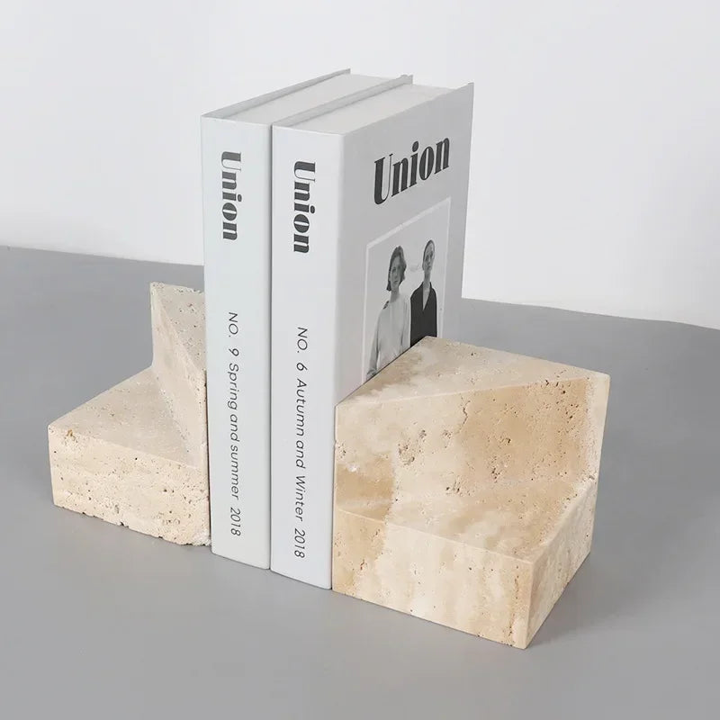 Natural Travertine Geometric Bookends | Sculptural Book Holder