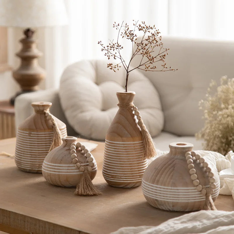Small Wooden Flower Vases with Wooden Beads – Natural Room Decor