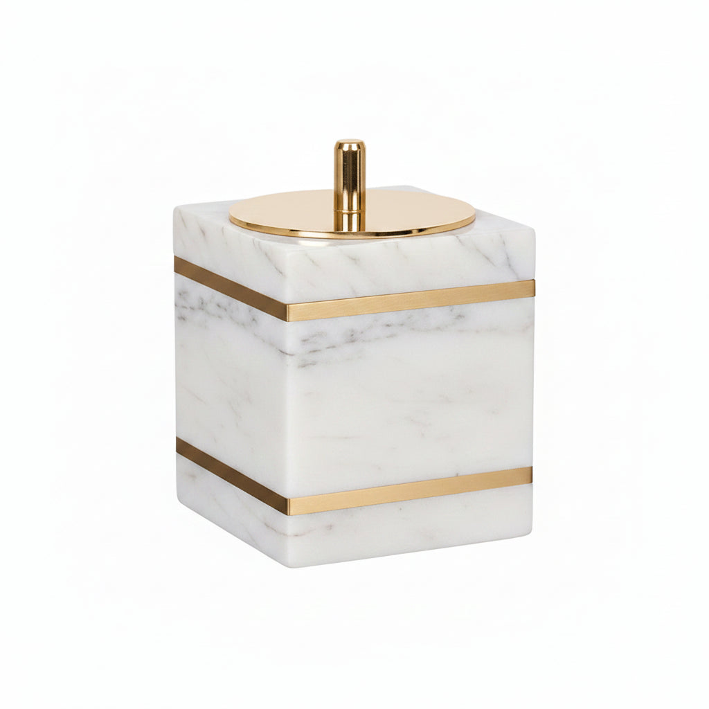 Volakas White Marble Cotton Swab Jar – Natural Stone Bathroom Decor