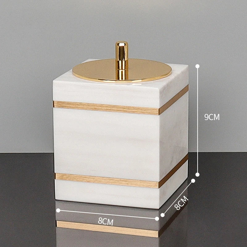 Volakas White Marble Cotton Swab Jar – Natural Stone Bathroom Decor