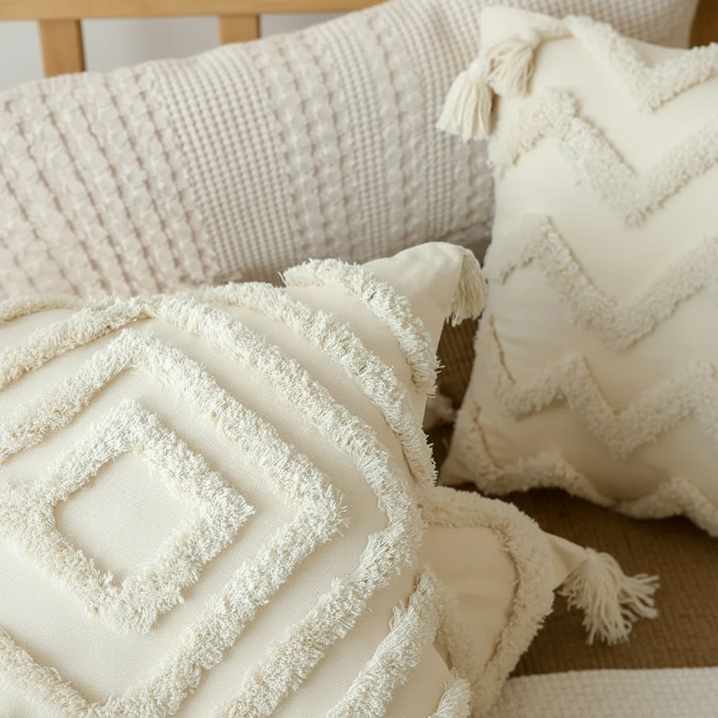Textured Jacquard Cushion Cover – Neutral Geometric Design