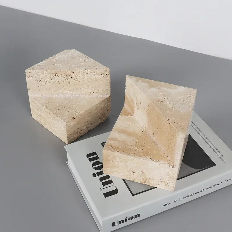 Natural Travertine Geometric Bookends | Sculptural Book Holder