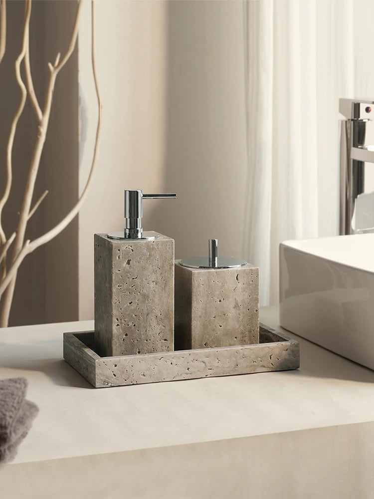 Gray Travertine Soap Dispenser – Modern Bathroom Accessory